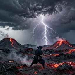 samurai struggling through volcanic terrain, thunderstorm, cinematic lighting, wide shot, octane render, 4 k, 8 k, artstation, concept art