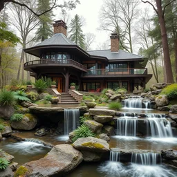 a frank lloyd wright house with waterfalls influenced by the teenage mutant ninja turtles