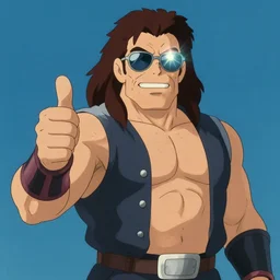 studio ghibli - style macho man randy savage gives you a thumbs up while a lens flare reflects off of his sunglasses