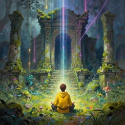 a wanderer wearing yellow sits in meditation at an ancient shrine. mossy decrepit ruins in a forgotten land. magical leylines emit streaks of various colors of mana streams. a final fantasy concept splash oil painting of a rogue mage absorbing powers from the dungeon depths in an enchanted garden.