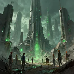 ruins of advanced civilization, futuristic skyscrapers, some spots are glowing green, by artgerm, eve ventrue, sherree, ilya kuvshinov, magali villeneuve, jeremy lipkin, rob rey, christophe vacher