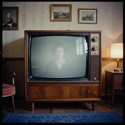 kodak portra 4 0 0, wetplate, portrait photo by britt marling, 1 9 2 0 s room, haze, a giant vintage television, 1 9 2 0 s furniture, wallpaper, picture frames, carpet, shining lamp, muted colours, blueberry, wood,
