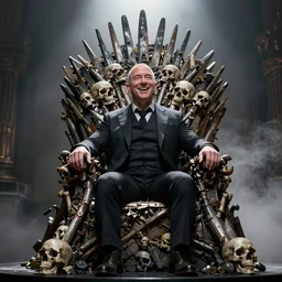 jeffrey bezos sitting on a throne made of skulls, brutal, professional photography, artistic cinematography, ultra detailed, backlighting, sinister, laughing, mist, beautiful, 8k, lovely, trending, clear