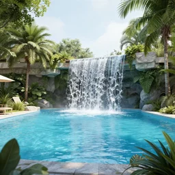 a large swimming pool with a waterfall in the middle of it, a digital rendering by ricardo bofill, featured on tumblr, aestheticism, vray, sanctuary, rendered in unreal engine