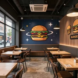 1 9 5 0 s space themed burger shop interior in the city