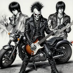 a portrait of the grim reaper as a punk rocker, punk, skeleton face, mohawk, dark, fantasy, leather jackets, spiked collars, spiked wristbands, piercings, boots, electric guitars, motorcycles, ultrafine detailed painting by frank frazetta and vito acconci and takeshi obata, death note style, detailed painting