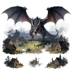 dnd wyvern attacking a village at night, fantasy art, concept art