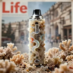 realistic product photo of a vape covered in shriveling dead semi - translucent iridescent coral reef, emitting aura, the vape is designed by dieter rams and phillipe stark, 1 9 6 0, life magazine photo, natural colors, metropolitan museum, kodak, 8 k, very detailed, high resolution, product photo,