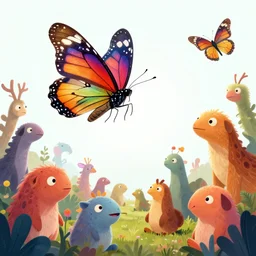 a butterfly with colorful patterns flying in fantastic world with a lot of weird animals