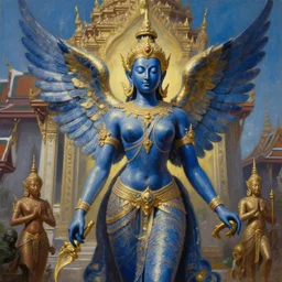 a dmt blue and golden angel goddess hindu entity thai architecture, tim hildebrandt, wayne barlowe, bruce pennington, donato giancola, trending on artstation, cinematic composition, beautiful lighting, hyper detailed, 8 k, oil on canvas