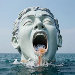 a massive porcelain sculpture on the ocean water of a distorted human face vomiting jelly from his mouth, in the style of johnson tsang, funny sculpture, lucid dream series, cinematic, hyper - realistic, very detailed, realistic water splashes, ray tracing, 8 k resolution, long - shot, sharp focus, low angle, 8 5 mm photograph, wide lens