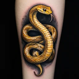 a golden snake on a black background, a tattoo by Mór Than, reddit, symbolism, d&d, furaffinity, fractalism
