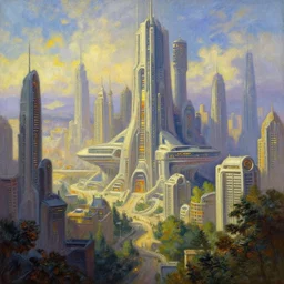 epic futuristic city with advanced techonology, painted by Thomas Kinkade