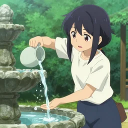 jirou kyoka, pouring water from vase into stone fountain, isekai background style.
