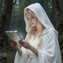 the goddess of memory enchanting a silver tablet in a forest, white hood, white robes, blonde, fantasy, magical, realistic and detailed, spiritual, supernatural, intricate, elegant, highly detailed, digital painting, trending on artstation, by wlop, 4 k octane render