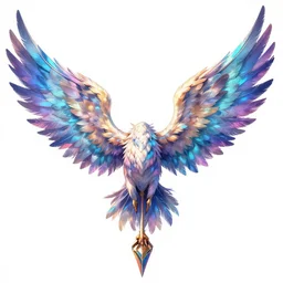 spear of feathered wings, prismatic, multi colored feathers, anime style, white background