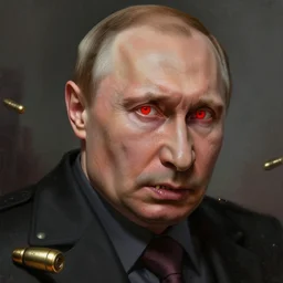 very old and very very angry vladimir putin red eyes baring sharp teeth as bullets, very detailed. artwork by artgerm, highly detailed, fantasy digital painting, artstation, h. r. giger and tyler edlin