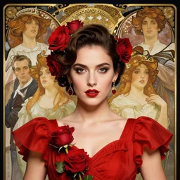 portrait of a beautiful young spanish woman wearing a red salsa dress, beautiful symmetrical face. roses. fantasy, regal, by stanley artgerm lau, greg rutkowski, thomas kindkade, alphonse mucha, loish, norman rockwell.