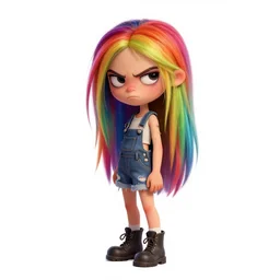 a grungy pixar girl with rainbow hair, drunk, angry, soft eyes and narrow chin, dainty figure, long hair straight down, torn overalls, short shorts, combat boots, basic white background, side boob, symmetrical, single person, style of by Jordan Grimmer and greg rutkowski, crisp lines and color,