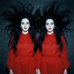 a 1 9 8 2 cinematic horror movie with twins dressed in red with giant black flowing hair
