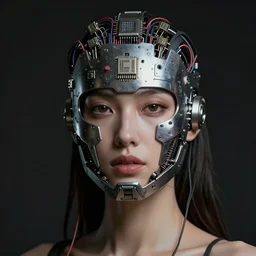 sexy beautiful woman head made of mech mask rendered in unreal engine, cinematic, cyberpunk, microchips, wires out of core processor, dark scifi, painted by lisa frank | bernard buffet | carne griffiths | wlop