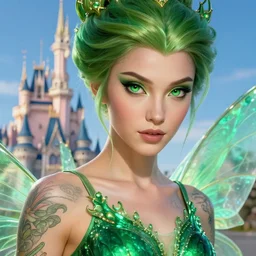 a close - up of beautiful tattooed fairy wearing a magical emerald leotard with the disney castle in the background, hyper realistic face, green eyes, fantasy art, in the style of greg rutkowski, illustration, epic, fantasy, intricate, hyper detailed, artstation, concept art, smooth, sharp focus, vibrant