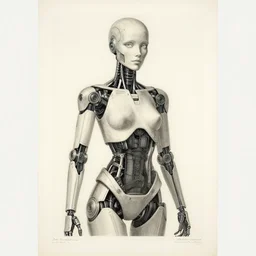 a lithograph of a female android, by Dan Mumford and Sandra Chevrier, HDR