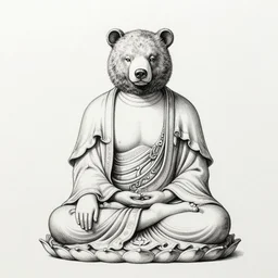 detailed pen and ink illustration of a Buddhist bodhisattva with a bears head, anthropomorphic, all drawn with micron, seated in royal ease, 0.2 black micron pen on white paper, highly detailed, fine pen work, white background, in the style of Olivia Kemp