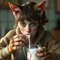 emma watson as a catgirl drinking milk, by fiona staples and dustin nguyen, peter elson, alan bean, wangechi mutu, sharp focus, photography, unreal engine, trending on artstation, photorealistic, octane, trending on deviantart