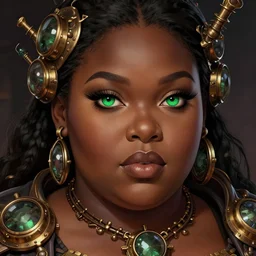 a detailed portrait illustration of a steampunk necromancer - gambler. beautiful obese black female face, very dark skin. gorgeous green eyes. voodoo aesthetic. art nouveau, pop art, comic book style. influenced by neil gaiman, dan mumford, brian froud, kehinde wiley, killian eng, ross tran.