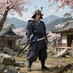 highly detailed samurai with katana standing in ruined Japanese village, cherry blossom trees, mountains in background, epic, photorealistic, 8k octane render