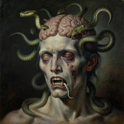 a painting of a decapitated distressed man's withered face with biting serpents swarming out of his brain, a surrealist painting, polycount, surrealism, surrealist, lovecraftian, cosmic horror