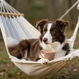 brown border collie relaxing in a hammock, drinking hot chocolate