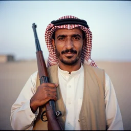 medium format photograph of bedouin man with rifle, ektachrome, hasselblad film shallow focus portrait, soft light photographed on expired color film,