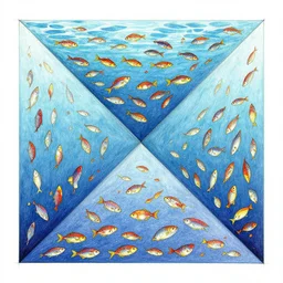 unfinished drawing escher style pattern of three point perspective, 3 6 0 panorama colorful kim jung gi fish under wather