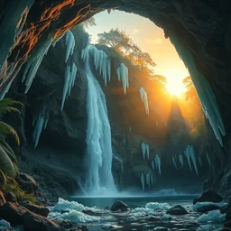 majestic waterfall cave in the exotic jungle in the evening sun, iceicles, by philippe gare, artstation, greg rutkowski