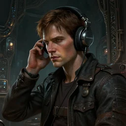 a epic cinematic shot of portrait of marty mcfly listening to music with headphones on in a dark liminal space room, gritty tech, deep focus, fantasy, intricate, elegant, highly detailed, digital painting, artstation, concept art, matte, sharp focus, illustration, dark fantasy style art, resident evil, art by artgerm and greg rutkowski and alphonse mucha