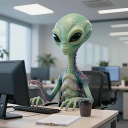 A photo of an alien tentacle creature in a business corporate office, 4K, realistic
