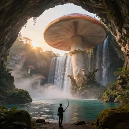 a beautiful and stunning professional digital artwork of a humongous mushroom cave, haze, waterfall, lake, spores in the air, volumetric lighting, hyperrealistic, sunset, rtx on, ultra detail
