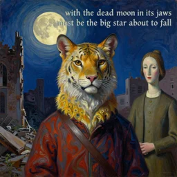 bright dramatic lighting colorful oil painting titled'with the dead moon in its jaws must be the big star about to fall ', magical realism symbolist, portrait of hybrid animal protagonist in a ruined city, highly detailed, painted by grant wood and rene magritte, shocking detail trending on artstation 8 k