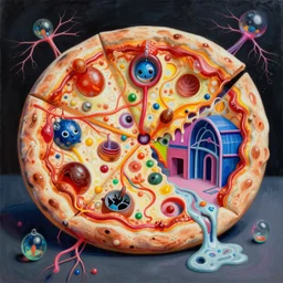 an extremely high quality hd surrealism painting of a 3 d perspective neon complimentary - colors cartoon surrealism melting sculpture gallery cast glass biological anatomical zaha hadid 4 d pizza sculpture by a much more skilled version of kandinskypicasso and salvia dali the fourth, salvador dali's much much much much more talented painter cousin, 8 k, ultra realistic, very realistic, nerves, veins, neurons, 4 k