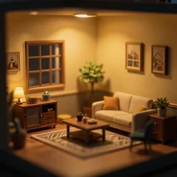 room lights off, extreme dof, miniature