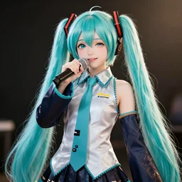 High definition professional photograph of vocaloid figure, beautifully detailed and lights