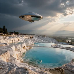 alien spacecraft flying over turkish travertine pools