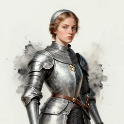 close splatter ink mural of the young beautiful french warrior joan of arc in armor, with a dirty face, dramatic, black and white, by hua tunan
