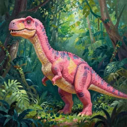 spectral pink dinosaur, green jungle background, vibrant, oil painting, detailed, ultrawide landscape, concept art