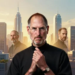 futuristic portrait of steve jobs standing cybercity, golden hour, poster by michael whelan and gilbert williams and evgeny lushpin and artgerm and alena aenami, 3 0 mm, well proportioned, highly detailed, rule of thirds, long exposure