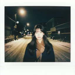 polaroid of a young japanese woman on a snowy night, street lights