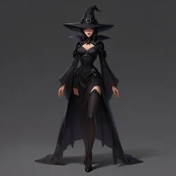 dark witch with high heels, full - body and head view, highly detailed, zeronis style, artstation, soft light, sharp focus, illustration, character design, concept art