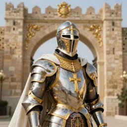 man looking forward in decorated with gold baroque style christian crusader armor, cylindrical helmet covering all his face decorated with golden cross on front it's front end and white cape covering half of his body standing at the gates of jerusalem drawn by greg rutkowski realistic high detail